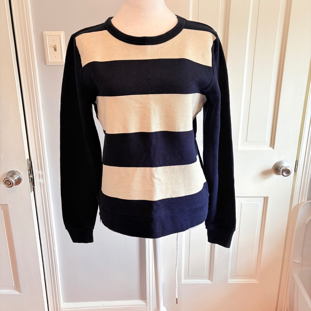 J Crew Women S Navy White Rugby Striped Side Zips Long Sleeve Sweater Nautical